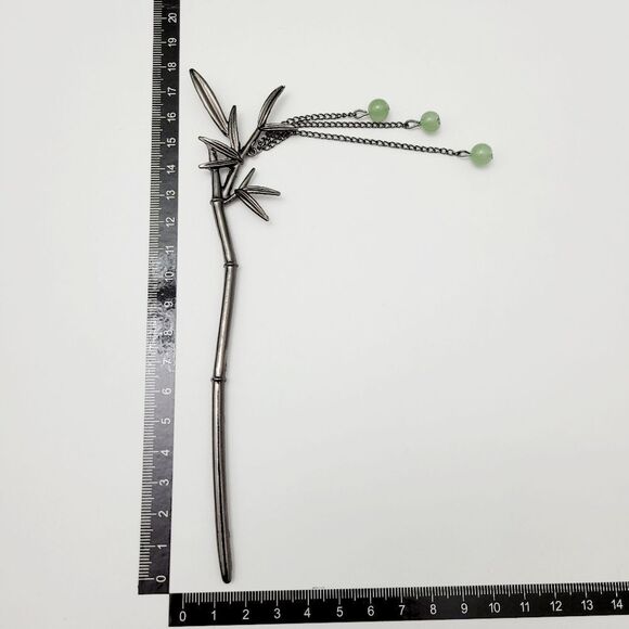 Brand New Titanium Black Bamboo With Green Jade Hair Pin - Picture 7 of 7